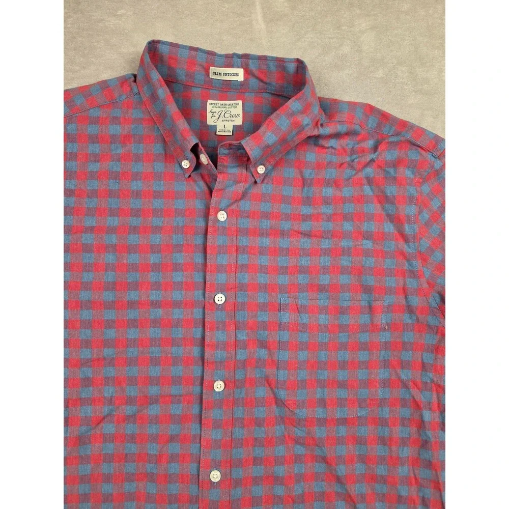 J. Crew Button Down Shirt Mens L Red Blue Gingham Slim Untucked Secret Wash